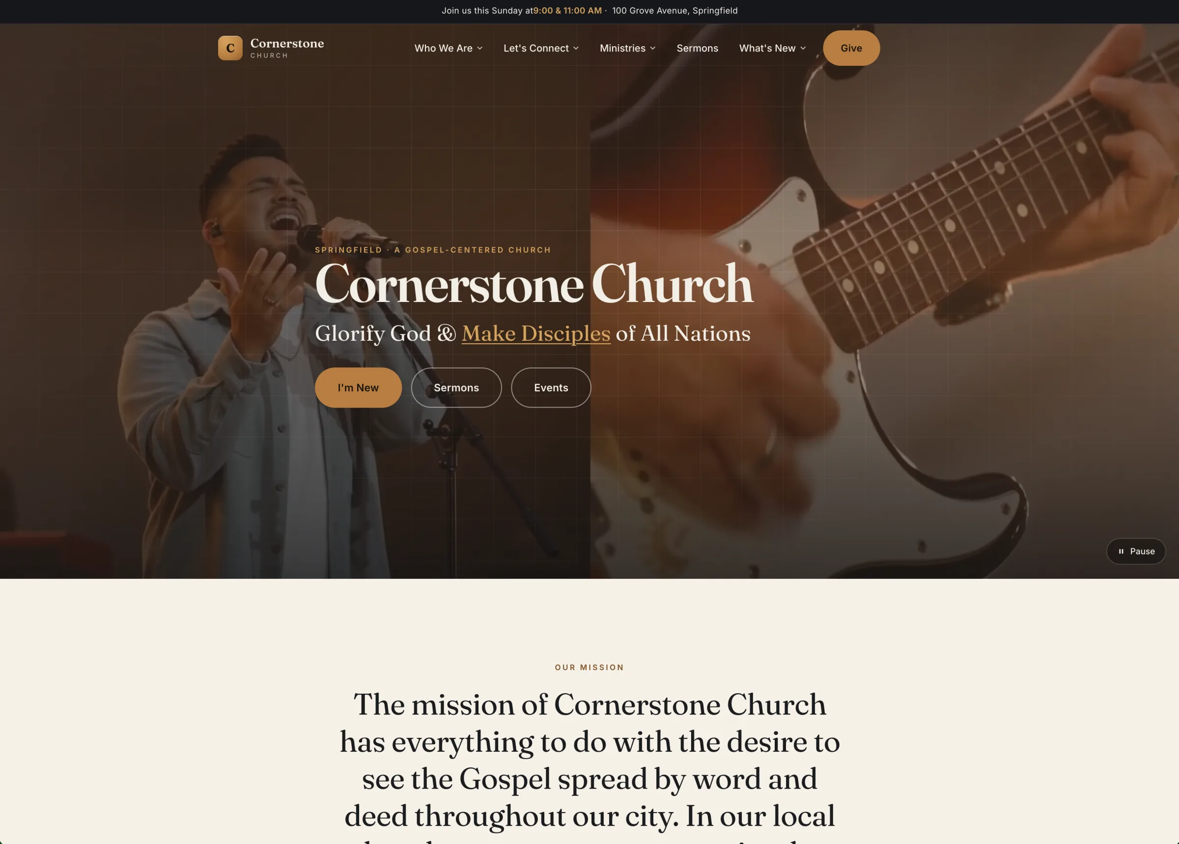 Cornerstone Church website homepage with full-bleed video hero and editorial serif typography