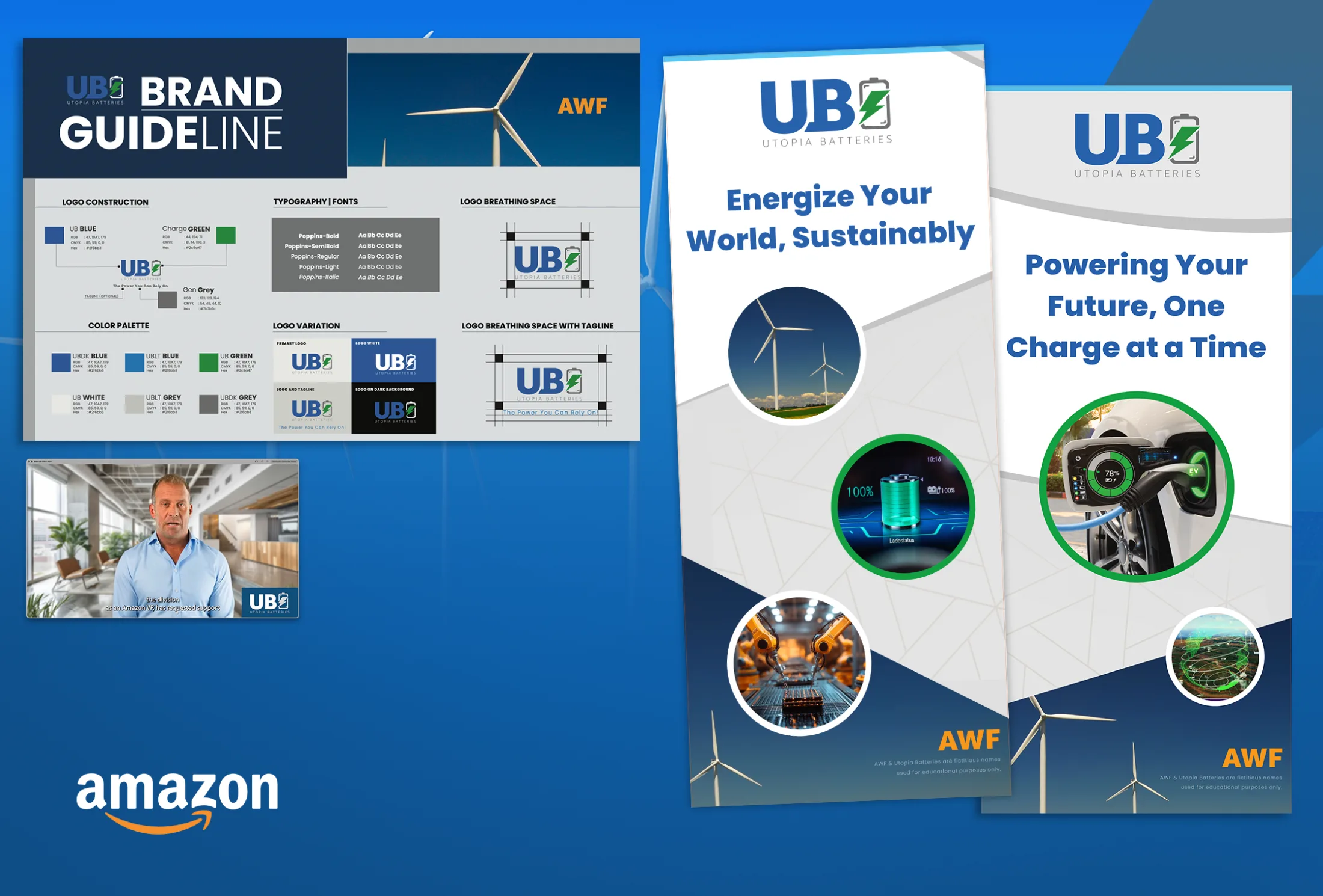 Utopia Batteries brand guideline spread showing logo construction, color palette, typography and logo variations alongside applied banners