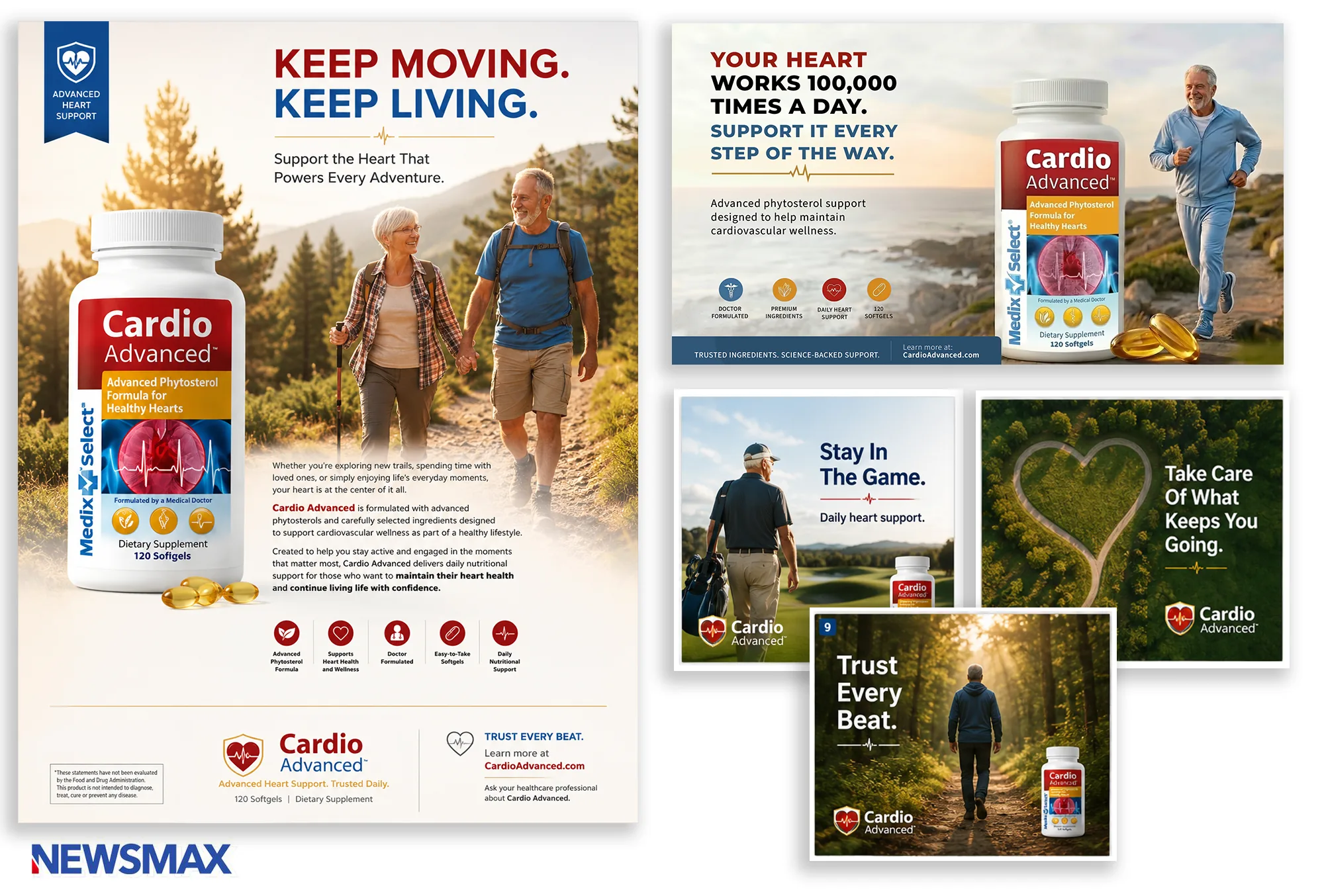 Cardio Advanced supplement packaging with print advertising and social campaign executions