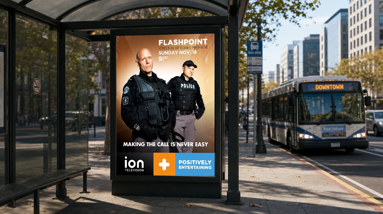 ION Television Flashpoint premiere poster displayed on a city bus shelter