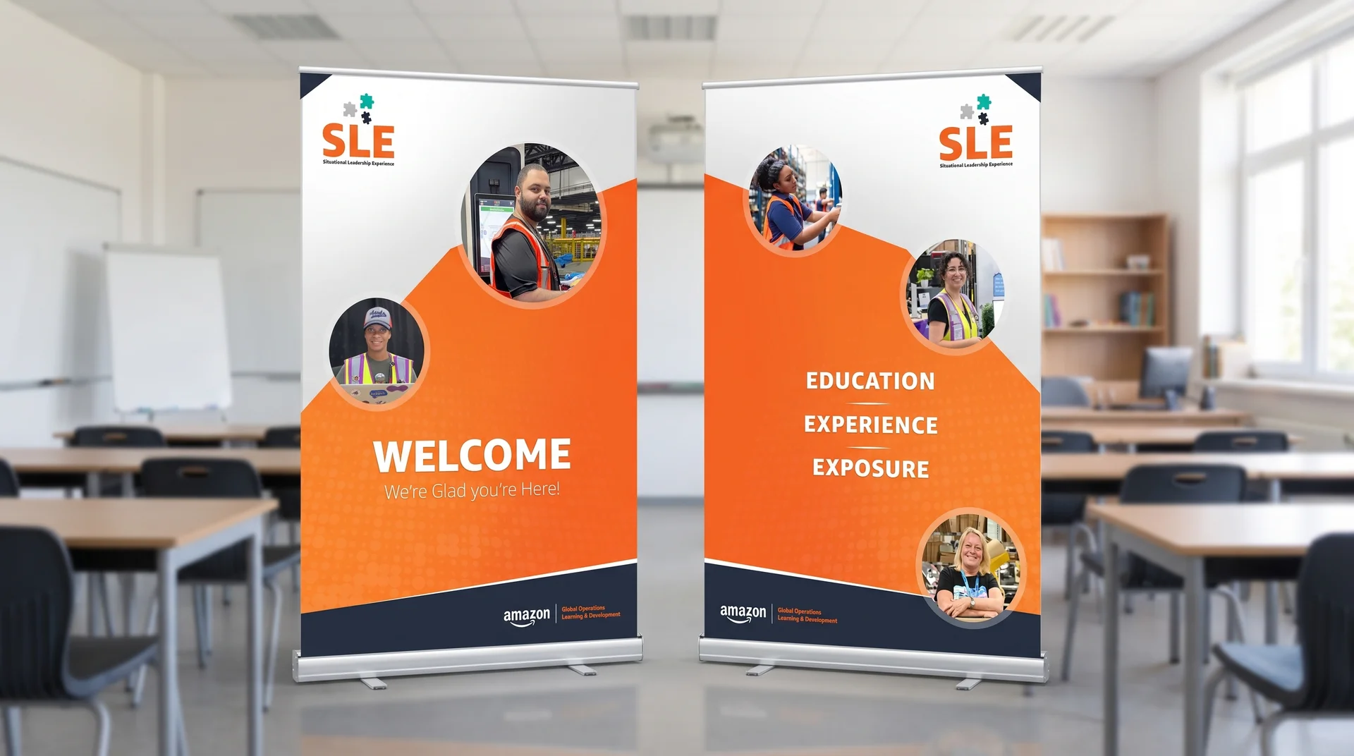 Pair of Amazon SLE roll-up banners installed in a training classroom