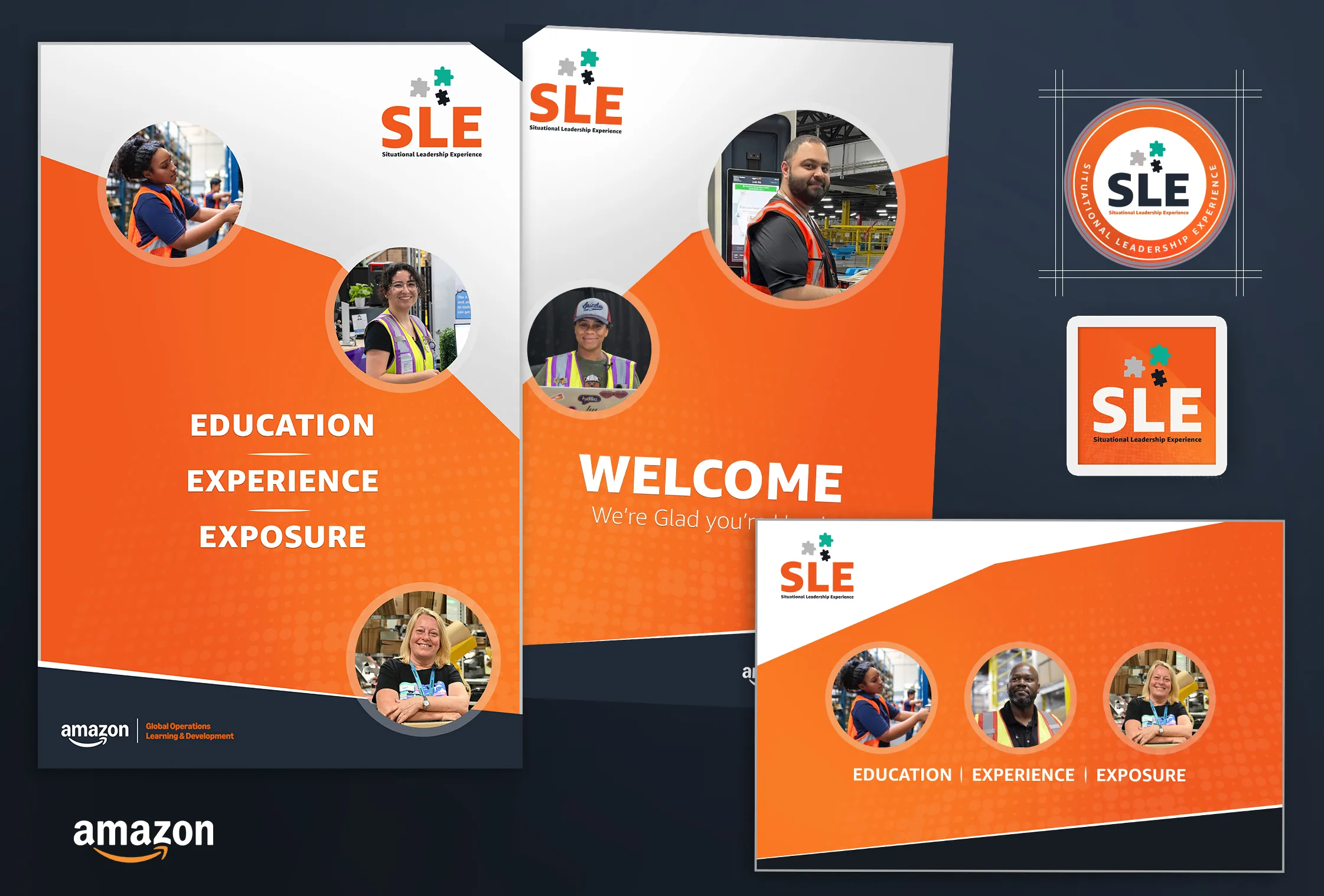 Amazon Situational Leadership Experience collateral suite — welcome banner, program folder, badge and logo system